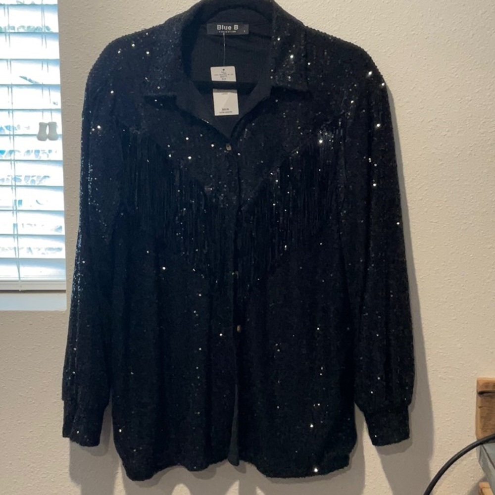 Black Sequin Oversized Button Down Shirt